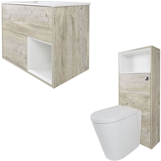 Milano - Bexley - Light Oak 810mm Bathroom Vanity Unit with Basin, Toilet wc Unit and Back to Wall Pan