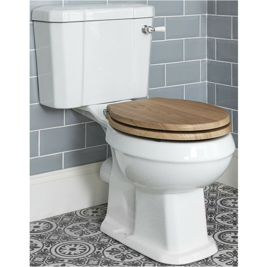 Milano - Richmond - White Ceramic Traditional Close Coupled Bathroom Toilet Pan wc and Cistern with Warm Oak Wooden Seat