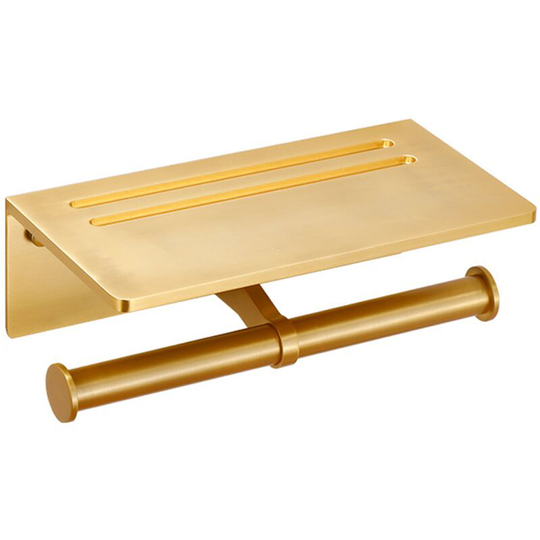 Toilet Paper Holder, Rustproof Aluminum Double Roll Toilet Paper Holder with Cell Phone Shelf for Bathroom (Golden), 3M Self Adhesive No Drilling or