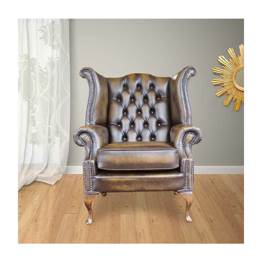 Chesterfield Queen Anne High Back Wing Chair uk Manufactured Antique Gold