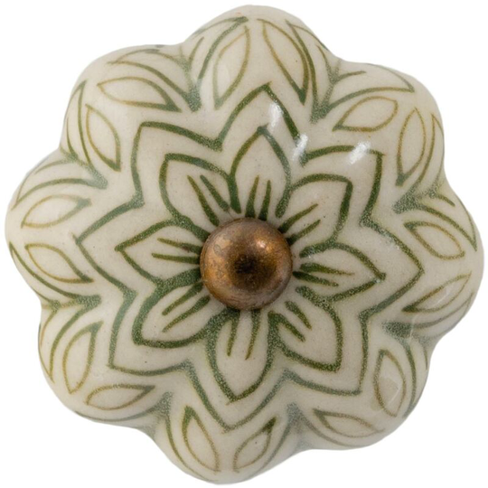 Floral Ceramic Cabinet Knob - Olive Green - Nicola Spring