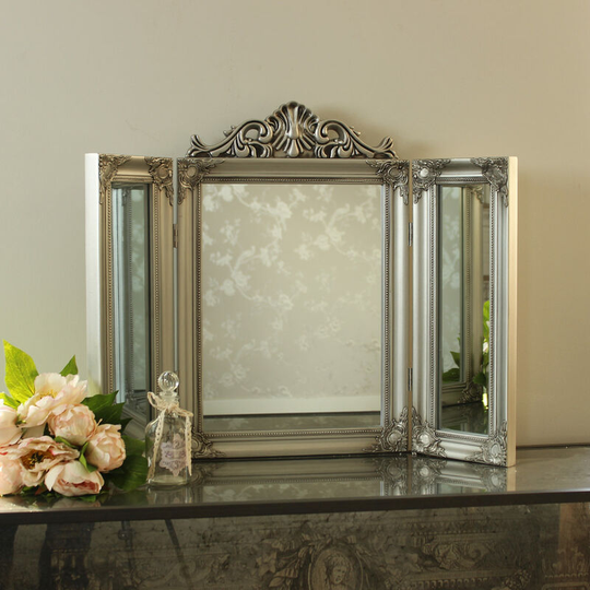 Ornate Silver Dressing Table Triple Mirror - Silver