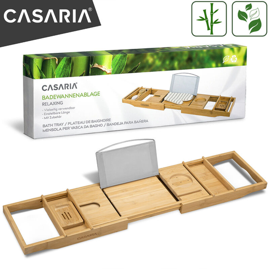 Bamboo Bathtub Tray with 4in1 Foot Care Tool Washing Glove Soap Dish 75-109cm Extendable Non-Slip Bathroom Bathtub Tray Bathtub Table - Casaria
