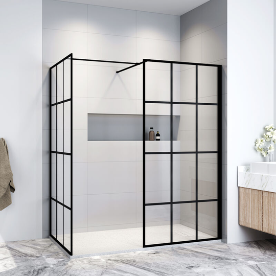 Black 900mm Walk in Shower Screen + 800mm Side Panel+ 1400x900mm Anti-Slip Resin Shower Tray + Dotted Stainless steel drain cover - Elegant