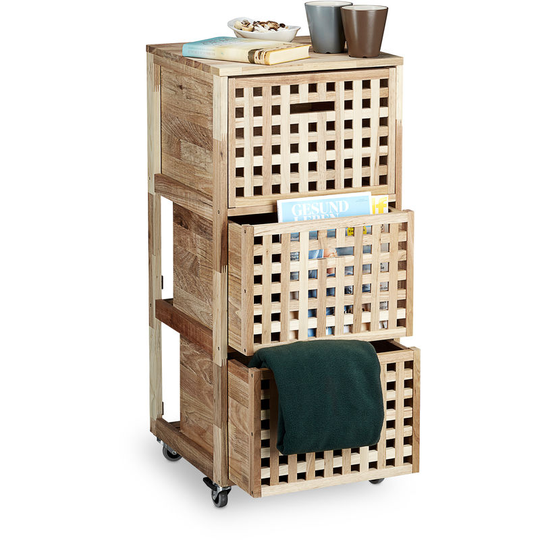 Walnut Rolling Cabinet Wooden File Cabinet with Wheels & 3 Compartments, 91.5 x 40.4 x 40.4 cm Utensil Storage, Laundry Box Hamper Closet, Natural