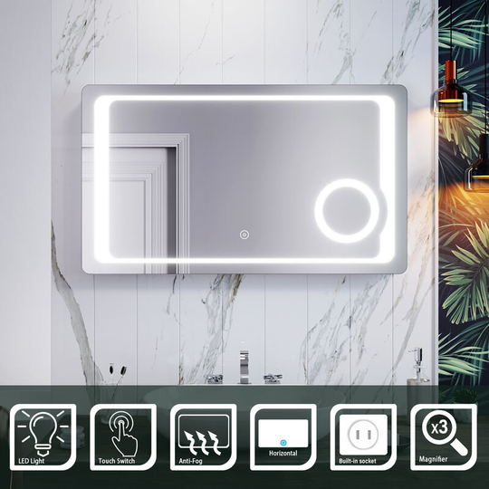 3 Times Magnifying Glass Mirror Anti-Fog Bathroom Mirror 1000x600mm Bathroom Mirror with Shaver Socket - Elegant
