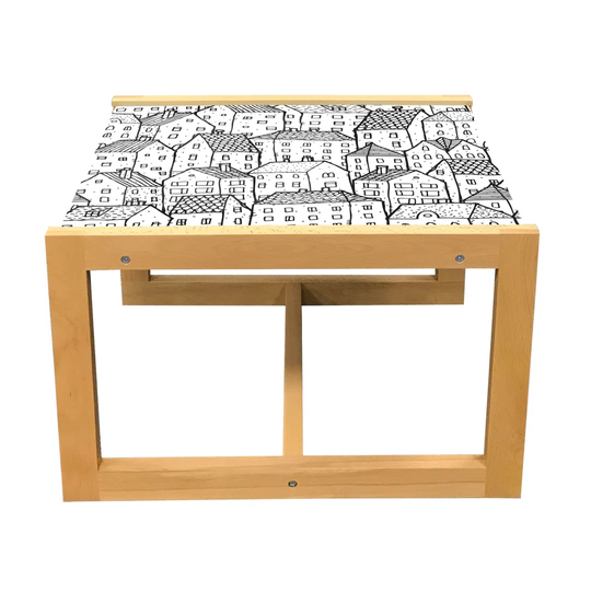 City Coffee Table, Repetitive Monochrome Pattern Of Simplistic Hand Drawn Houses In Line Art, Acrylic Glass Center Table With Wooden Frame For Offices