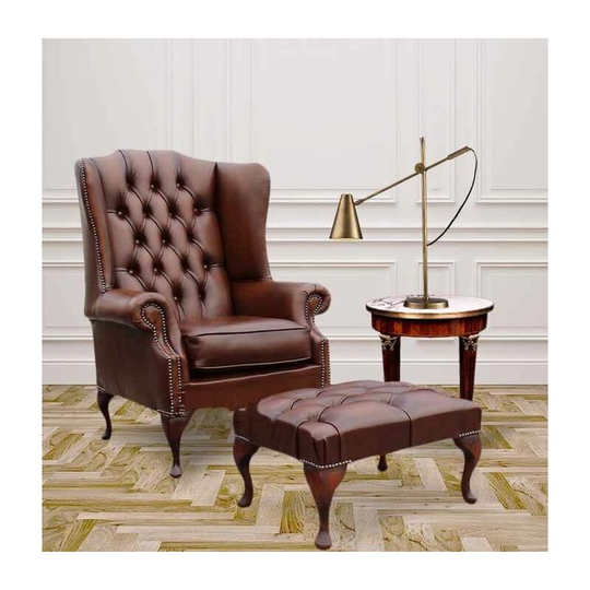 Designersofas4u - Chesterfield Prince's Mallory Flat Wing Queen Anne High Back Wing Chair uk Manufactured Antique Tan Leather With Matching Footstool