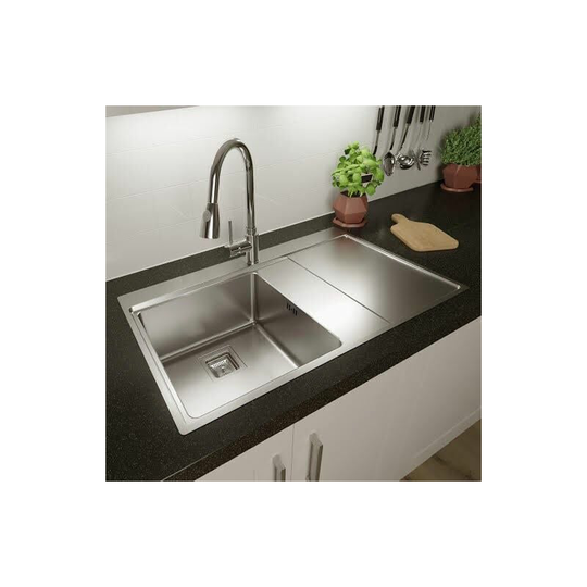 1.0 Bowl Kitchen Sink Stainless Steel Square Inset Right Drainer Waste - Silver - Sauber
