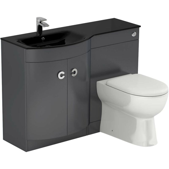Wholesale Domestic - Venice Curved Black Glass 1100mm Left Hand Gloss Grey Vanity Unit Toilet Suite - Grey