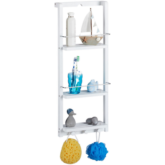 Bamboo Shower Caddy, 3 Tiers, Hook Bar, Hanging, No Drilling, Bathroom Shelf, hwd: 70x28.5x10.5 cm, White - Relaxdays