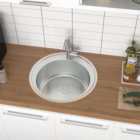 Livingandhome 51CM Round Stainless Steel Single Kitchen Sink with Faucet Mounting Port