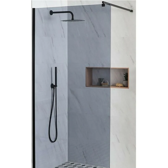 Nero-Luna - 900mm Recessed Walk In Frameless Wet Room Shower Enclosure with Smoked Glass Screen, Support Arm and 1200mm Linear Stainless Steel Drain