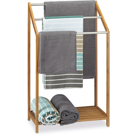 Bamboo Towel Holder, 3 Towel Rails, Freestanding, Shelf, Modern, Size: ca 85 x 51 x 31 cm, Natural Brown - Relaxdays