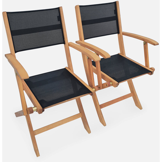Wood and textilene garden armchairs - Black Almeria - 2 oiled FSC Eucalyptus and textilene folding armchairs - Black