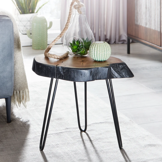 Union Rustic Side Table Acacia Solid Wood / Metal Industrial 40x40x32cm Tree Edge | Living Room Table Sofa Table Solid Hairpin Legs | Small Side Table