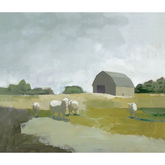 Barn with Sheep Darker - Wrapped Canvas Painting Print