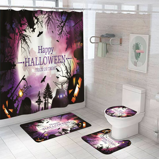 Interesting Halloween Shower Curtain Sets, 71 Inch x 71 Inch Halloween Bathroom Decor Set - Shower Curtain with Mat, Toilet Lid Cover, Bath Mat