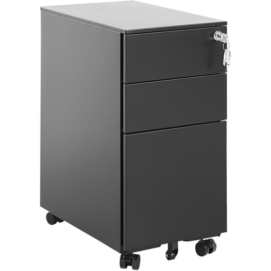 Modern Office Storage Cabinet 3 Drawers Key Lock Castors Metal Black Bolsena - Black