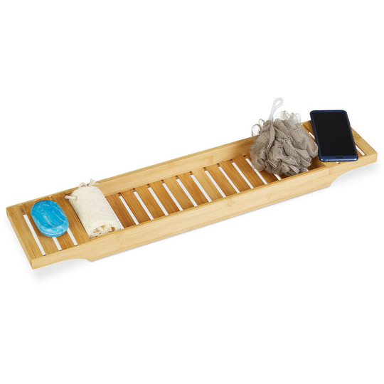 Relaxdays - Bamboo Bathtub Tray with Grills, 4.5 x 68.5 x 14.5 cm, Bath Bridge, Shelf, High-Quality Wood, Tub Caddy, Natural Brown