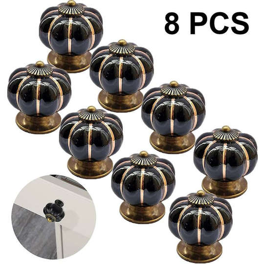 Sunflowergb - 8pcs Round Ceramic Pumpkin Cabinet and Furniture Knobs Pulls Chrome Finished Base Drawer Handles Door Hardware Knob Black