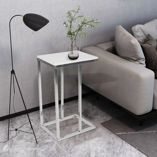High Gloss White Side Table- C Table Coffee Table- Bed Side Table -Snack Table- Under Sofa Table- End Tables Living Room Chrome Metallic Frame (40D X