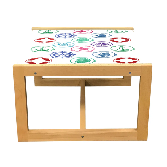 Ships Wheel Coffee Table, Marine Pattern With Anchor Wheel Compass Life Ship Starfish Seashell Crab, Acrylic Glass Center Table With Wooden Frame For