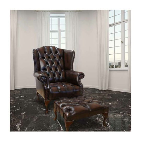 Designersofas4u - Chesterfield Stirling Buttoned Seat Flat Wing High Back Wing Armchair + Matching Footstool uk Manufactured Antique Brown