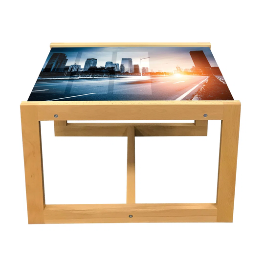 Cityscape Coffee Table, Urban Road And Buildings Sunset Dramatic Effect Highway Journey, Acrylic Glass Center Table With Wooden Frame For Offices Dorm