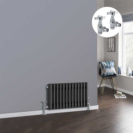 Anthracite 3 Column Traditional Cast Iron Style Radiator with Chrome Angled Cross Head Manual Valves Horizontal 300x607mm