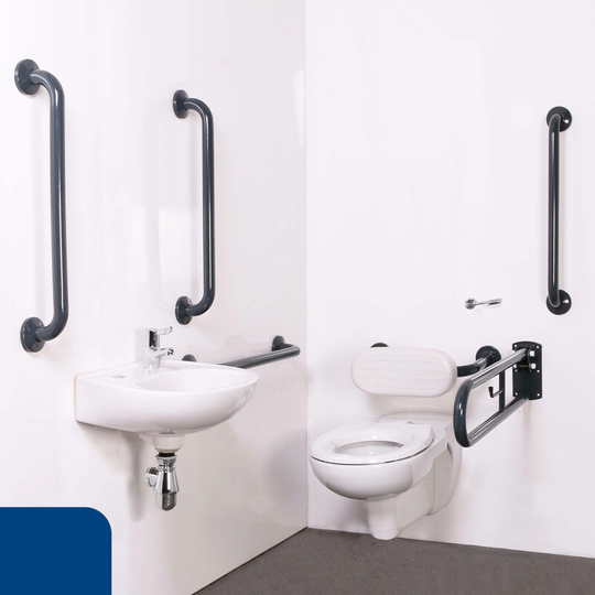 NymaPRO Wall Hung Doc m Toilet Pack with Steel Grab Rails and TMV3 Valve - Dark Blue - Nymas