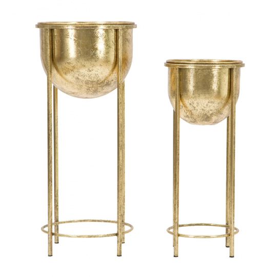 Pair Of Planters, Iron, Gold Color, Measurements: 27 X 27 X 62 Cm