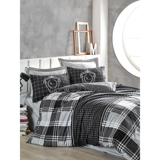 Lorenz Anthracite/White/Black 100% Cotton Duvet Cover Set