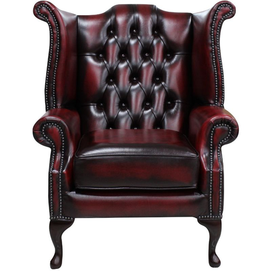 Chesterfield Queen Anne Wing Chair Antique Oxblood Leather