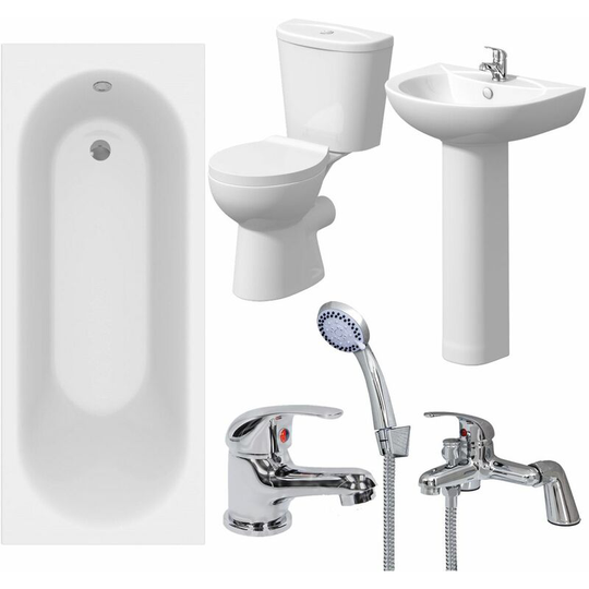 Bathroom Suite 1600mm White Curved Bath Toilet wc Basin Sink Tap Shower Mixer - White