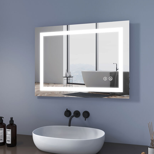 Meykoers Bathroom LED Illuminated Mirror 70x50cm, Illuminating Mirrors with Bluetooth and Demister, Wall Mounted Vanity Mirror with Shaver Socket