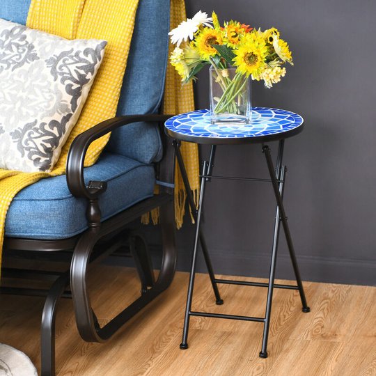 Folding Mosaic Side Table Round Bistro End Table w/ Ceramic Tile Top Plant Stand