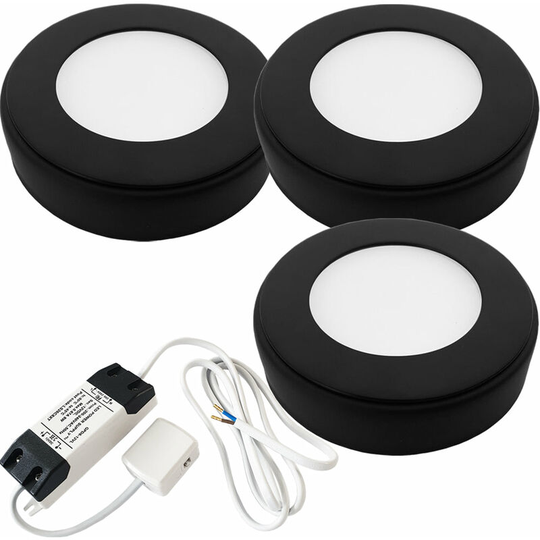 3x matt black Round Surface or Flush Under Cabinet Kitchen Light & Driver Kit - Natural White led