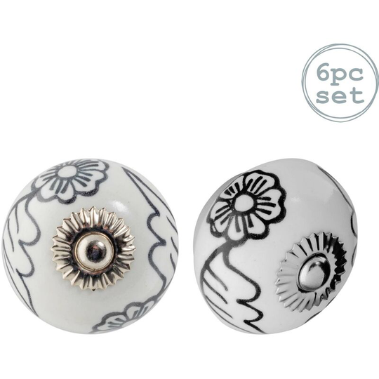 Nicola Spring Round Ceramic Cabinet Knobs - Black Blooms - Pack of 6