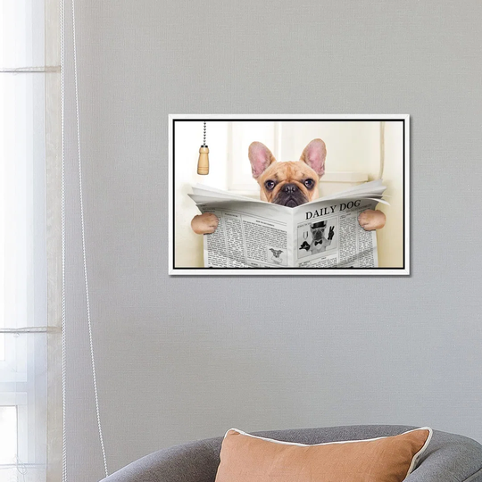 Dog On Toilet Seat Reading Newspaper V - Art Prints on Canvas