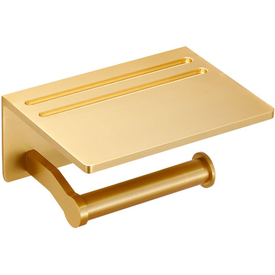 Toilet Paper Holder with Shelf, Gold Antirust Aluminum Toilet Roll Holder with Cell Phone Storage Shelf for Bathroom, 3M Self Adhesive No Drilling or
