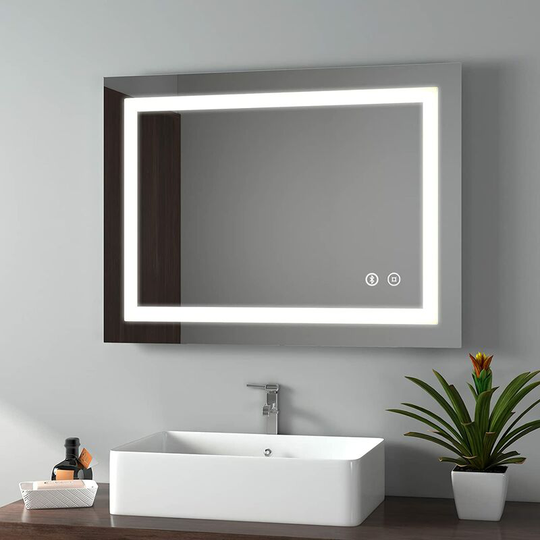 800 x 600 mm Illuminated Bluetooth Bathroom Mirror with Shaver Socket, Multifunction Mirror with led Lights and Demister Pad - Emke