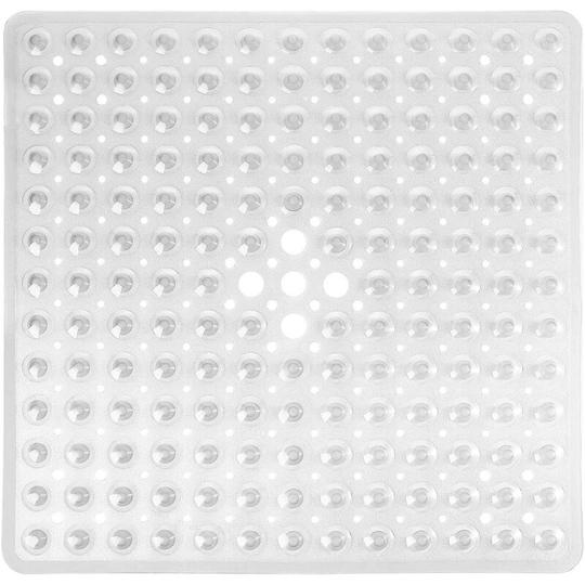 21 x 21 In Shower Mat for Bathtub, Non-Slip with Drain Holes Machine Washable, Clear White