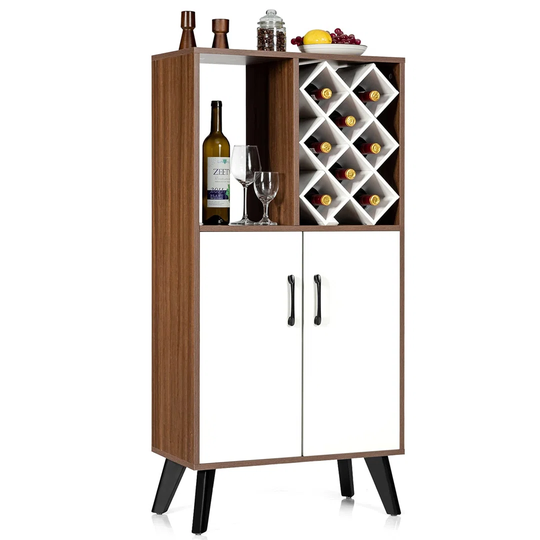 Freestanding Wine Cabinet, 8 Bottles Wine Holder Sideboard With 2 Doors Cupboard And Display Shelf, Home Kitchen Dinning Living Room Storage Organiser