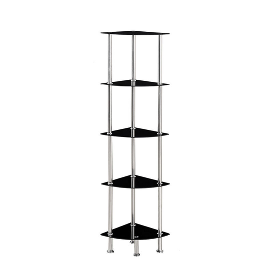 Glass Shelf Tier Storage Unit, Corner in Black or Clear Glass with Chrome Stand, Shelving Unit (Black, Tier 5) - Black