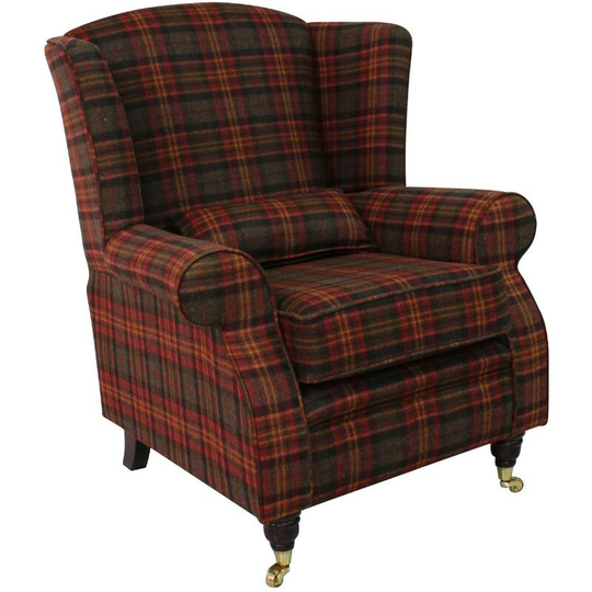 Arnold Wool Tweed Wing Chair Fireside High Back Armchair Sandringham Mandarin Check Fabric