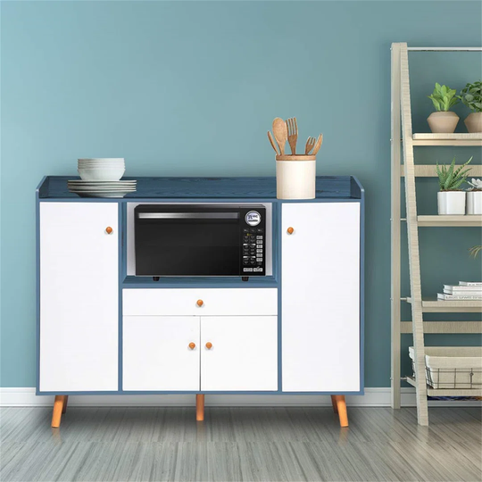 Wooden Sideboard Storage Cabinet With 1 Drawer 4 Door Floor Standing Cupboard Buffet Table For Living Room, Hallway, Kitchen, Bedroom, Blue
