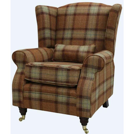 Arnold Wool Tweed Wing Chair Fireside High Back Armchair Skye Rust Check Fabric