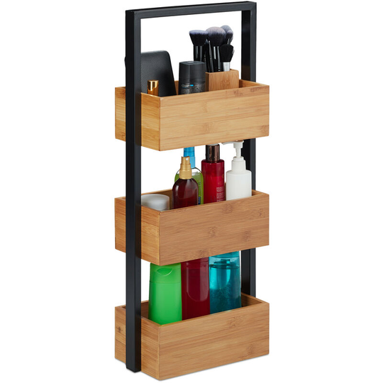 Bamboo Bathroom Shelf Unit, 3-Tier Basket Rack for Bathroom & Kitchen, Metal, 67x28.5x15 cm, Natural - Relaxdays