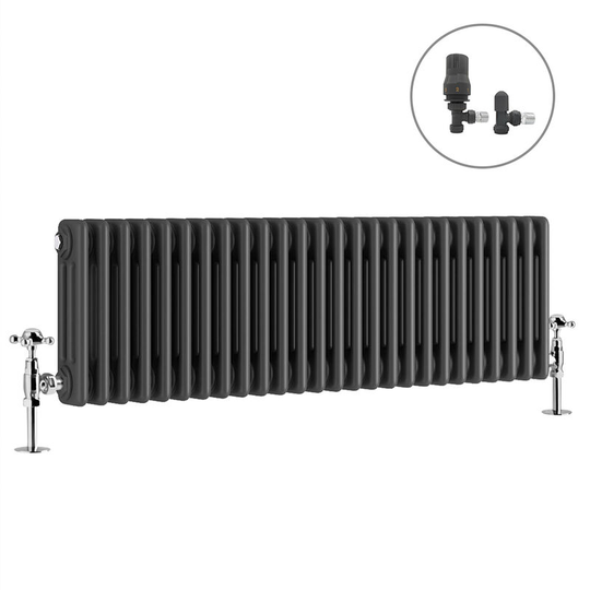 NRG - Traditional Radiator Anthracite Cast Iron Style Rads with Angled Thermostatic Valves Horizontal 3 Column 300x1192mm